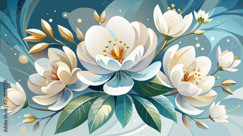 Elegant white flowers with subtle gold accents bloom gently against a softly blurred background. This refined composition brings together luxury, delicacy, and artistic charm for a graceful vector des