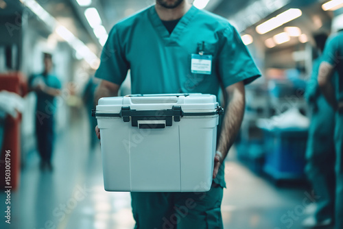 A medical professional walks through a bright hospital corridor, holding a medical-grade cooler box, possibly used for organ transportation or crucial sample storage, emphasizing care, precision