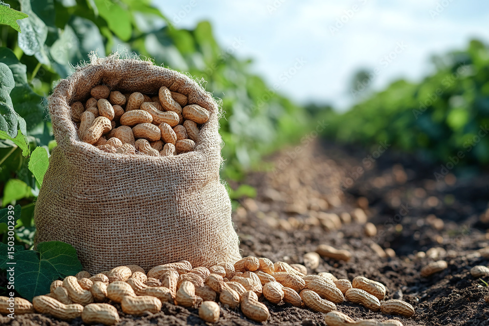 Obraz premium Appetizing burlap sack filled with freshly harvested peanuts, prominently displayed amidst lush green farm foliage under a sunny blue sky, capturing the essence of natural farming and sustainability. 