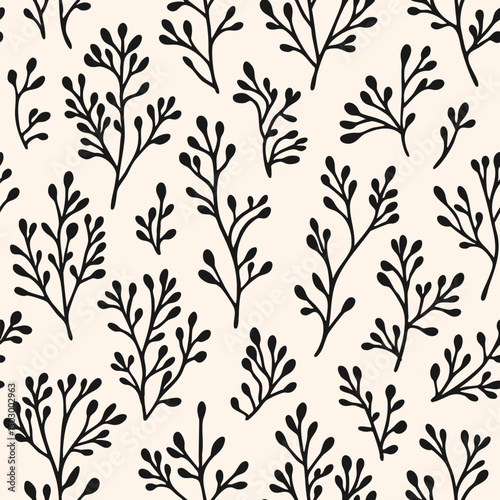 Black and white floral seamless pattern. Vector botanical ornament with simple flower branches, twigs, leaves, seaweeds, corals. Minimal natural organic background texture. Repeated monochrome design