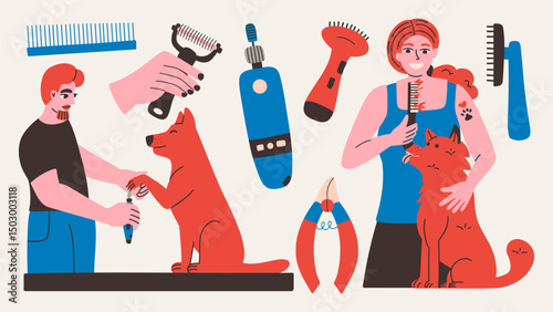 Pet grooming set with tools. The owners groom their dogs, trim their nails and brush their fur. Domestic animals hygiene concept.  Vector design graphic elements.