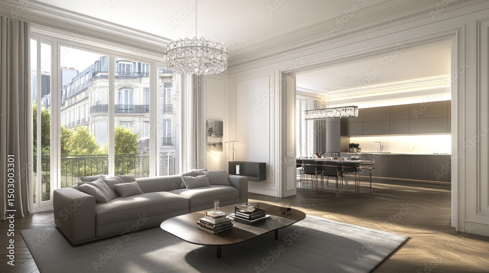 Fototapeta premium Modern Parisian living room with city views and open-plan kitchen.