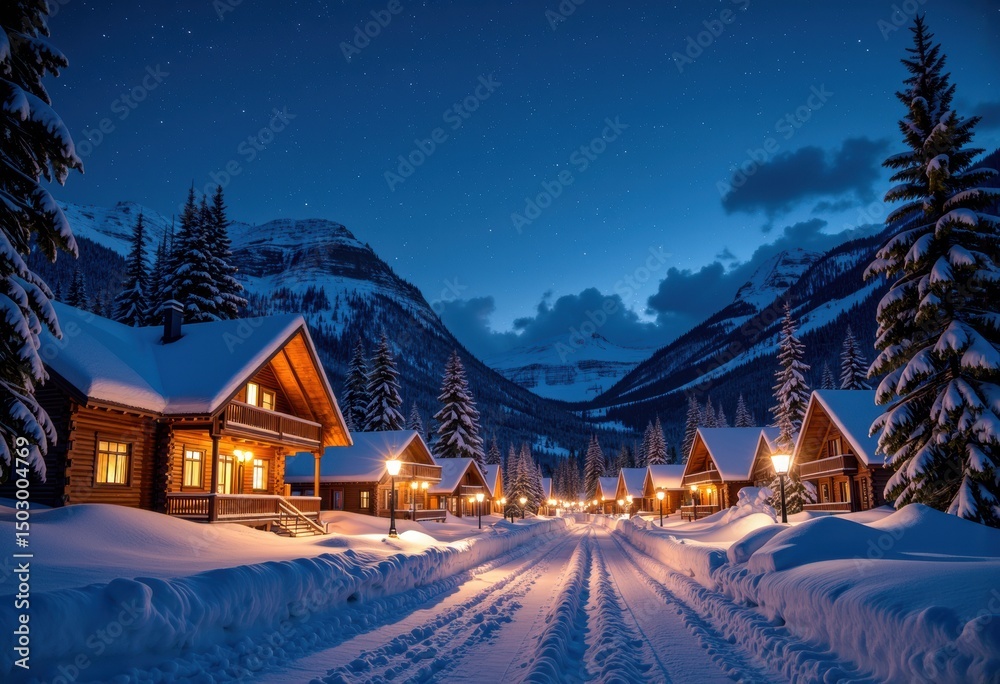 Fototapeta premium Cozy wooden cabins illuminated in a snowy mountain village at night under a starry sky
