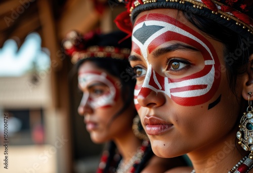 Two women with traditional face paint and jewelry, showcasing cultural heritage