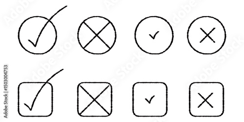 手書きのチェックマークとバツマークシンプルイラストセット　黒色〜Handwritten check mark and cross mark simple illustration set Black〜