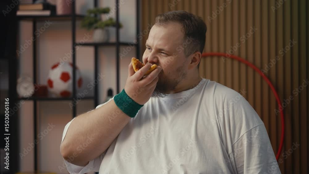 Plus-size man eating pizza instead of working out, falling off diet, fast food