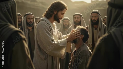 Jesus Christ Blesses and Heals a Blind Man. Preaching the Gospel. For Christian Religious Church Publications