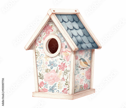Watercolor, cute and adorable birdhouse clipart, boho style, muted pastel colors, Creative Commons attribution, white background
