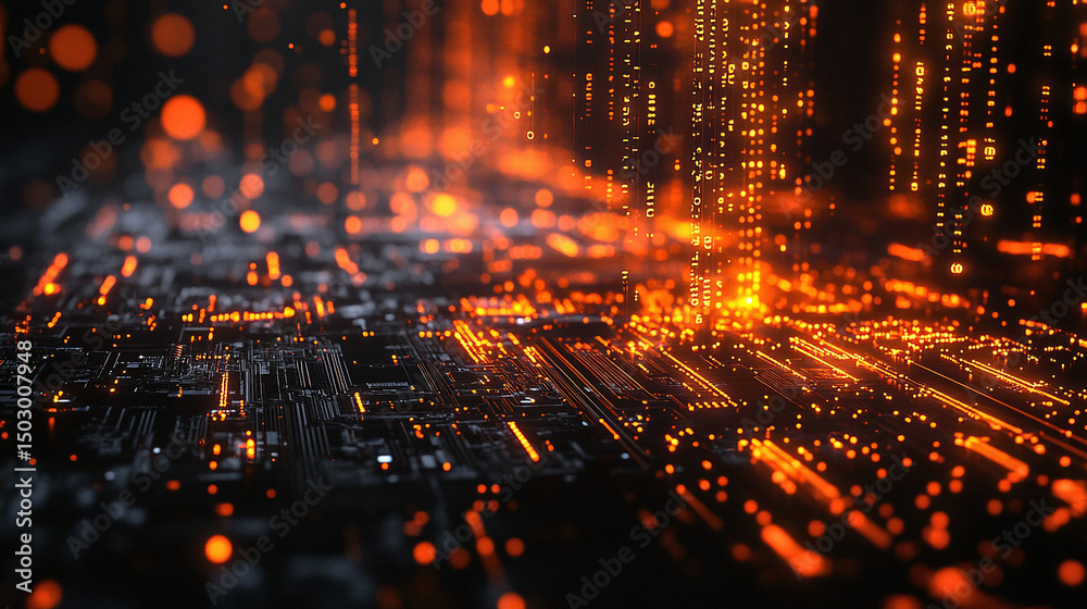 Fototapeta premium Close-up of neon colored circuit board pattern and electronics. Abstract digital data background. 