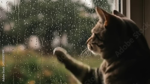 Cat gazing out the window during a rainy day, with blurred greenery in the background