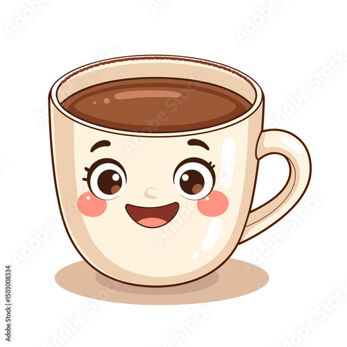 Cute smiling cocoa cup character with joyful expression  