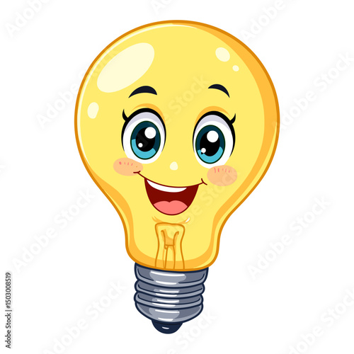 Cartoon light bulb character with a smiling face representing children's book  