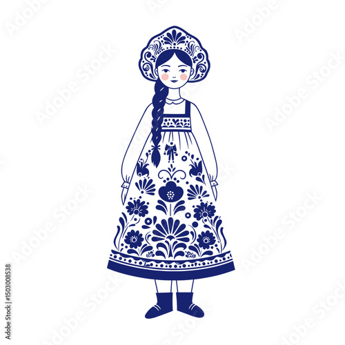 Illustration of a traditional girl dressed in a floral patterned dress and headdress