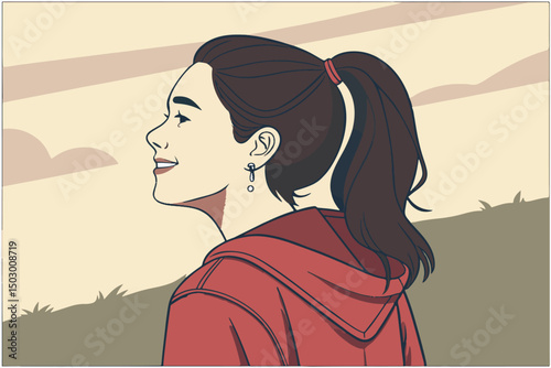 Smiling Girl Vector in Red Hoodie – Scenic Side View Illustration