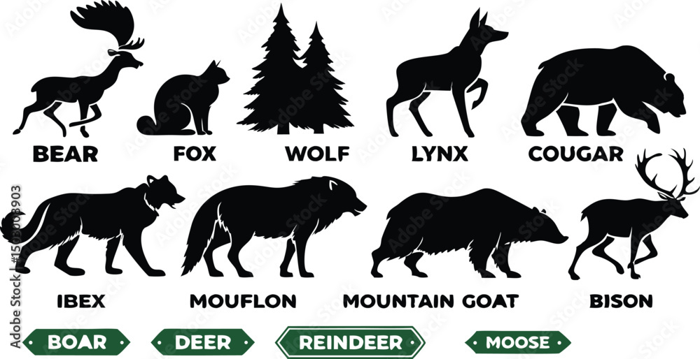 Obraz premium A detailed vector illustration of various wild forest animals in black silhouette style on a white background. Include multiple poses of each animal. Animals featured should include: bear, fox, wolf, 