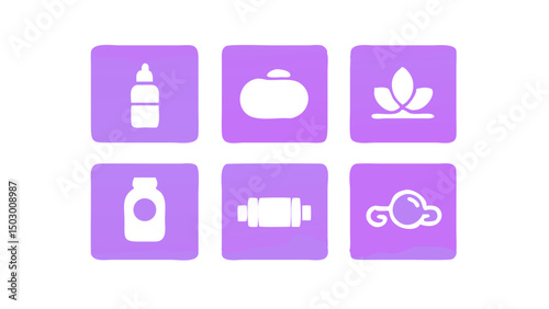 Six purple square icons with wellness symbols