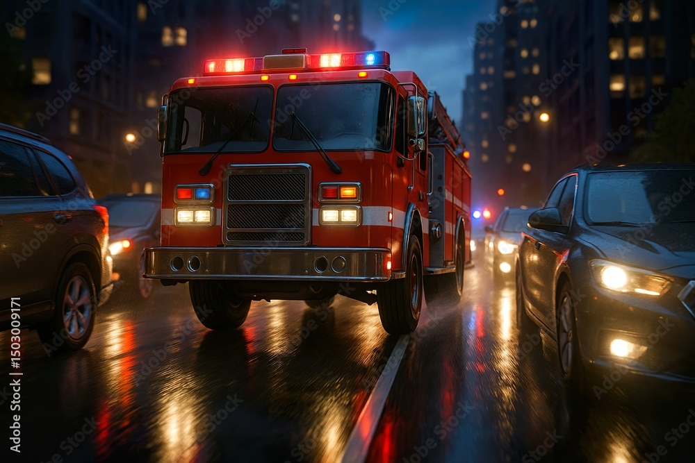 Obraz premium Fire Truck Responding to Emergency in City at Night - A vivid depiction of a fire engine racing through urban streets with lights flashing, captured in a wet, reflective environment. 