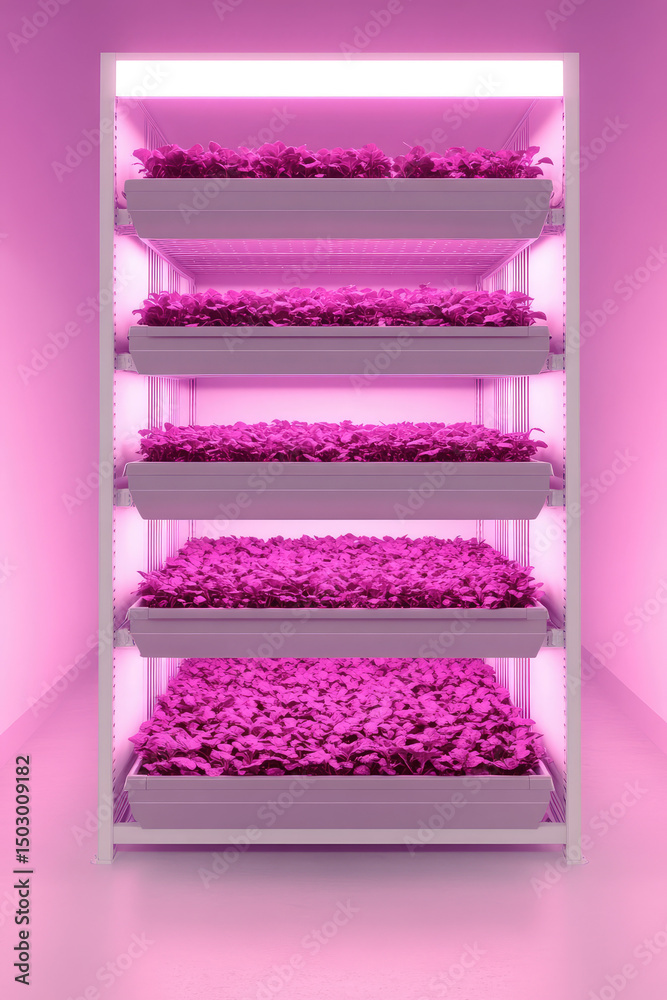 Obraz premium Vertical shelves filled with pink-lit plants are stacked in an indoor farming unit. Urban agriculture, vertical farming, indoor cultivation