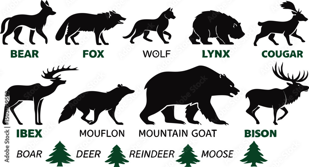 Fototapeta premium A detailed vector illustration of various wild forest animals in black silhouette style on a white background. Include multiple poses of each animal. Animals featured should include: bear, fox, wolf, 