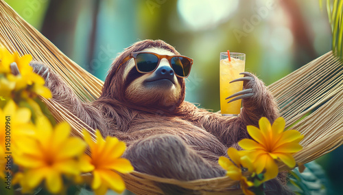A cute sloth wearing sunglasses and holding a cocktail, lounging in an exotic hammock with yellow flowers, enjoying the warm sun on vacation