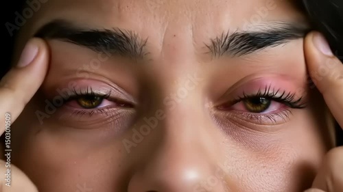 Close-up portrait of a woman expressing stress and fatigue with red eyes, set against a blurred background