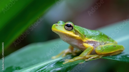 A vibrant tree frog rests on a tropical leaf, embodying nature's delicate beauty.
