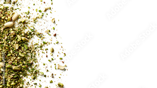 Scattered pistachio nuts, crushed pistachios, green isolated on a white background