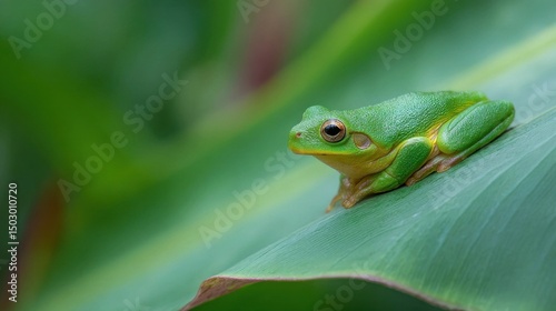 A vibrant tree frog rests on a tropical leaf, embodying nature's delicate beauty.