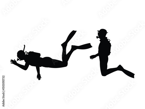 Silhouette divers swimming underwater with scuba gear exploring deep sea adventures