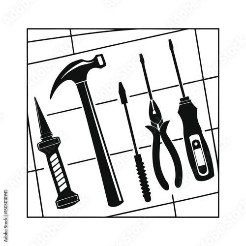 Black silhouette vector set of essential hand tools including hammer, wrench, screwdriver, pliers, and cutter on a technical grid background. Ideal for construction, workshop, or repair themes.