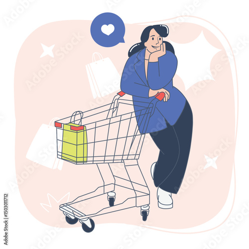 Stylish Woman Leaning on Shopping Cart, E Commerce Lifestyle Concept, Flat Illustration