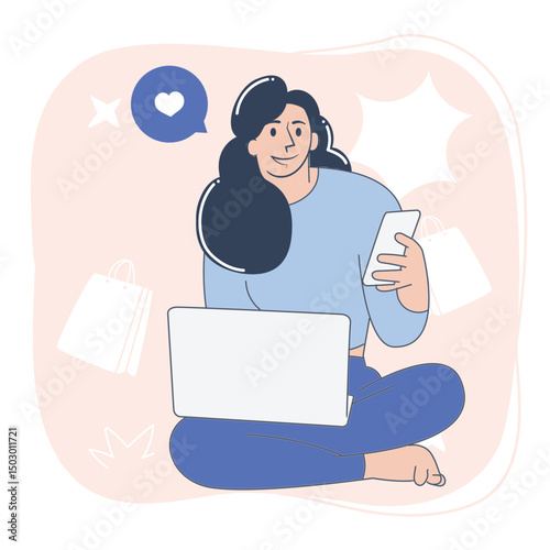 Woman Sitting Cross Legged While Online Shopping on Laptop and Smartphone, E Commerce Illustration