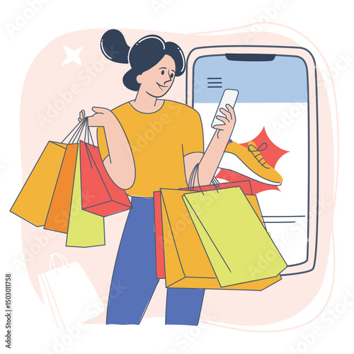 Excited Woman Holding Shopping Bags After Online Purchase, E Commerce Illustration