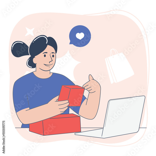 Happy Woman Unboxing Online Purchase in Front of Laptop, E Commerce Illustration
