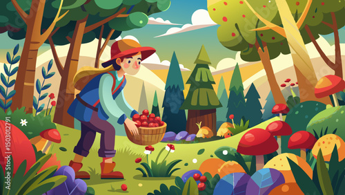 Cartoon girl picking red berries in a vibrant forest full of colorful mushrooms, trees and mountains on a sunny day