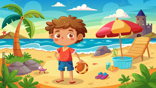 Cartoon boy with a ball standing on a tropical beach near an umbrella, lounge chair and sea waves on a sunny day