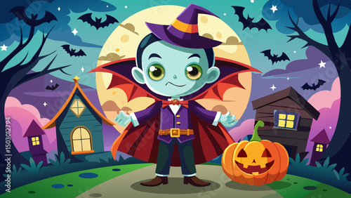 Cartoon vampire child with bat wings and witch hat standing by a glowing pumpkin in a spooky halloween night scene