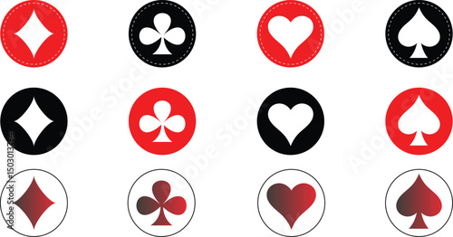 Set of Classic Playing Card Suits in Red, Black and Gradients. Icon hearts, diamonds, clubs and spades.
