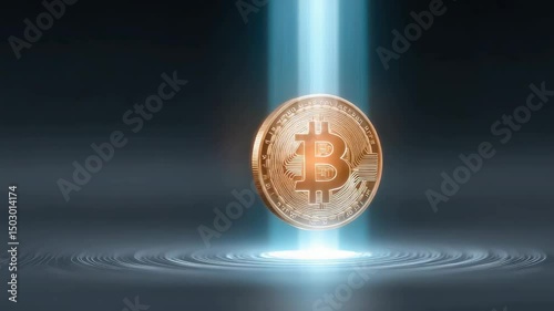 Holographic digital bank tower with laser beam connecting to a glowing Bitcoin coin. Blockchain and decentralization. Digital currency. photo