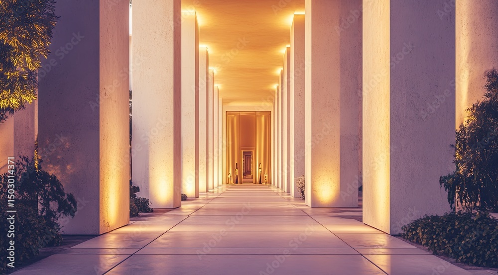 Fototapeta premium Empty colonnaded walkway at twilight