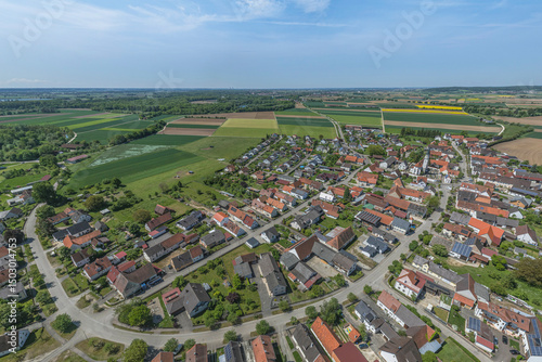Die Gemeinde Blindheim im nordschwäbischen Donautal aus der Vogelperspektive photo