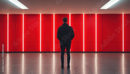 Person standing before a striking red wall with vertical lights modern interior design