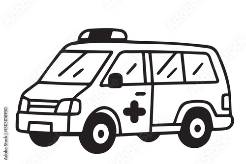 This ambulance is illustrated in a black and white vector format with sharp black outlines defining the shape and emergency design features.

