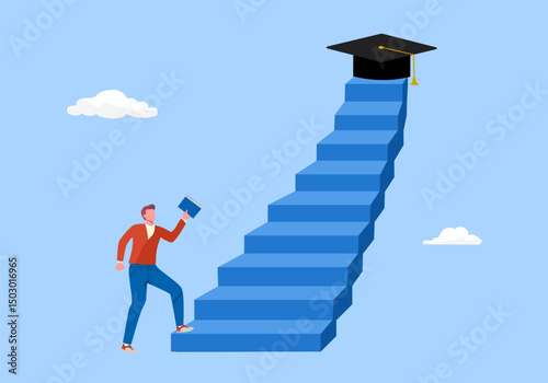 Success step to achieve higher education. The way to achieve high education. Teen student walking up to graduation cap in flat design