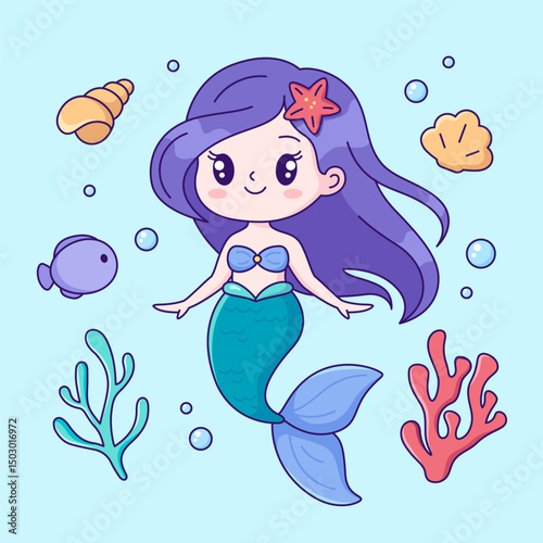 Cute kawaii mermaid girl with a fish tail. Funny cartoon style marine illustration