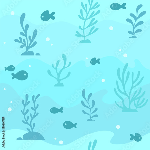 Sea, underwater, marine seamless pattern, background with seaweed and fishes silhouettes. Simple cartoon style vector drawing, illustration