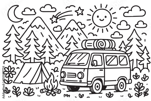 Black and white vector artwork with black outlines, showcasing essential camping icons such as backpacks, lanterns, tents, and pine trees in a minimal style.

