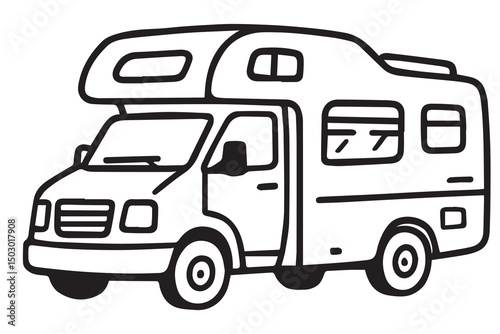 Simple black and white vector of a campervan, using bold black outlines to define the classic road trip vehicle with clear, clean lines.

