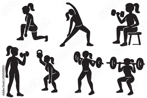 Vector silhouettes of women working out at the gym, demonstrating activities like lifting weights, stretching, and cardio in an active, energetic style.

