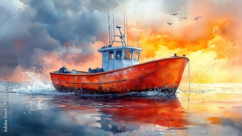 Orange Fishing Boat at Sunset - Vibrant Watercolor Stormy Sea